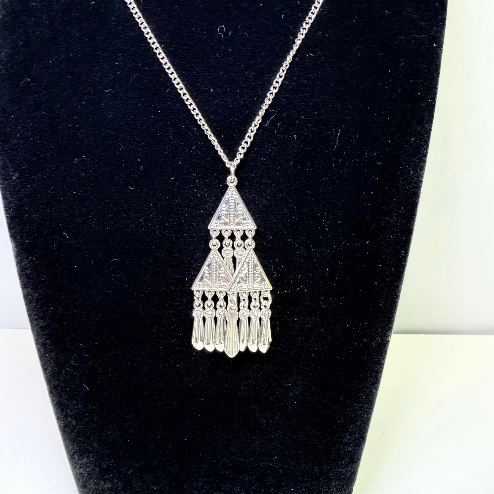Silver Tone Tiered Triangle Chandelier Fringe Statement Necklace Boho Tribal